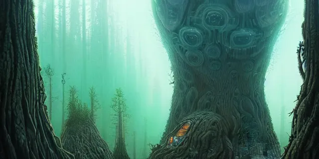 Image similar to painting of redwood forest infused with alien nature labyrinth consuming futuristic mega city from blade in the style of nebulapunk by dan seagrave and tomasz alen kopera with futuristic castle by simon stahlenhag