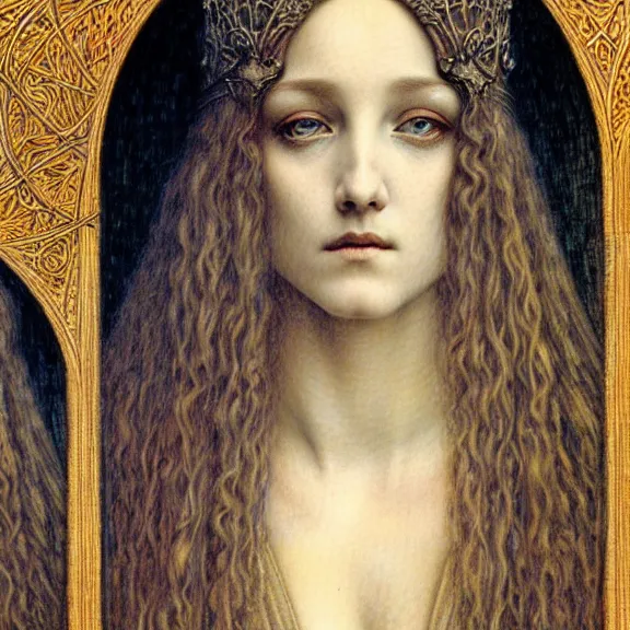 Image similar to detailed realistic beautiful young medieval queen face portrait by jean delville, gustave dore and marco mazzoni, art nouveau, symbolist, visionary, gothic, pre - raphaelite. horizontal symmetry