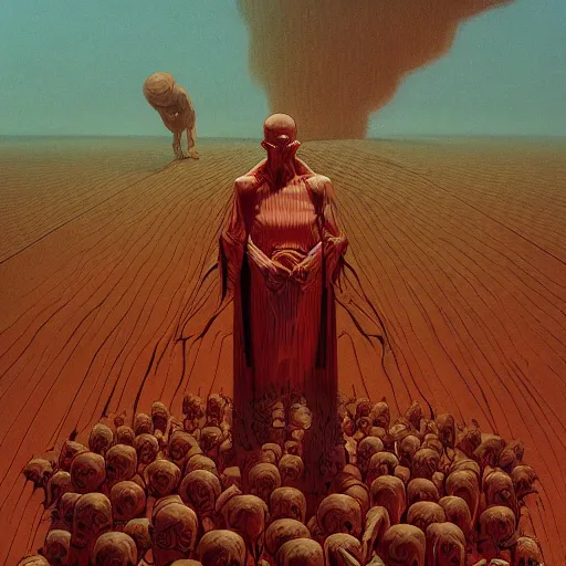 Image similar to the scene opens upon a bleeding android priest who is tending to his flock of children who are made of brilliant clear crystal, epic scope, cinematic, rule of thirds, hyperrealistic, 8 k, intricate detail, ultra detail, cyberpunk, superpop ultrabright, in the style of moebius, in the style of zdzisław beksinski.