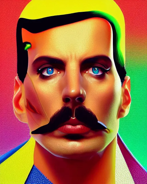 Prompt: portrait of 1978 Freddie Mercury as a cyborg. intricate abstract. intricate artwork. by Tooth Wu, wlop, beeple, dan mumford. octane render, trending on artstation, greg rutkowski very coherent symmetrical artwork. cinematic, hyper realism, high detail, octane render, 8k, iridescent accents