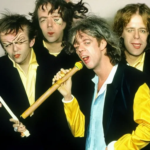 Image similar to bob geldof boomtown rats holding banana microphone, with banana costumed background singers, concert photo, getty images,