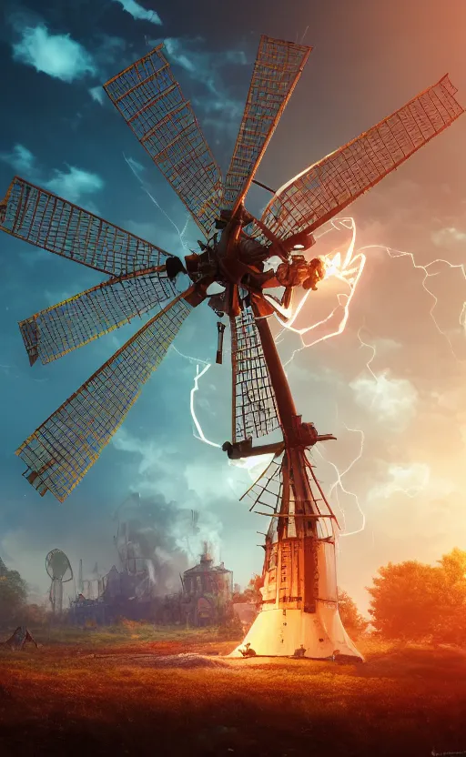 Image similar to a steampunk windmill, robot, blue fire, ash rain, electricity lightning, concept art, sharp focus, intricate details, highly detailed, disney pixar, octane render, iridescent, anime, 8 k, bokeh