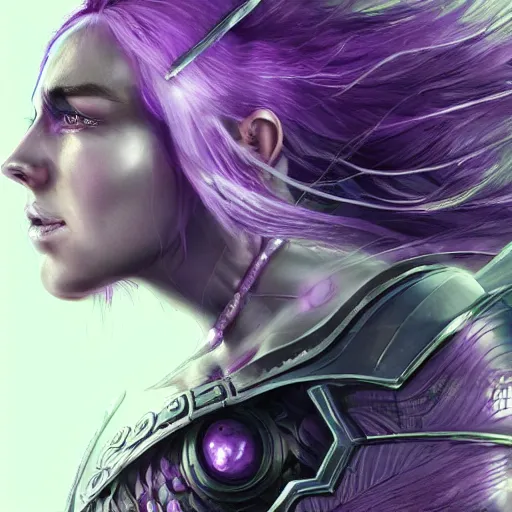 Image similar to extreme close up portrait of a beautiful woman in bionic amethyst armor, female, flowing purple hair, intense stare, stoic, symmetrical, concept art, intricate detail, volumetric shadows and lighting, realistic oil painting magic the gathering style, destiny,