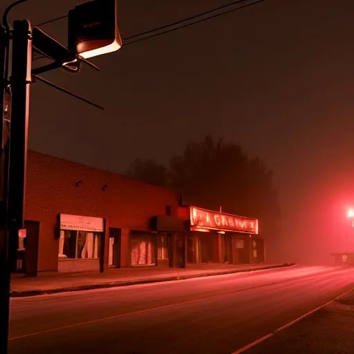 Image similar to A stunningly beautiful award-winning 45 degree down angle 8K high angle cinematic movie photograph of a spooky foggy lightless main intersection in an abandoned 1950s small town at night, by David Fincher and Darius Khonji, cinematic lighting, perfect composition, moody low key volumetric light. Color palette from Seven, greens yellows and reds. 2 point perspective, high angle from 15 feet off the ground. Octane render