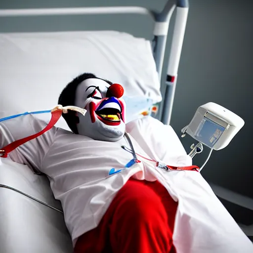 Image similar to confused laughing clown lying in hospital bed with wrist restraints on, restraints have fabric straps attached to hospital bed, photograph, 8 k