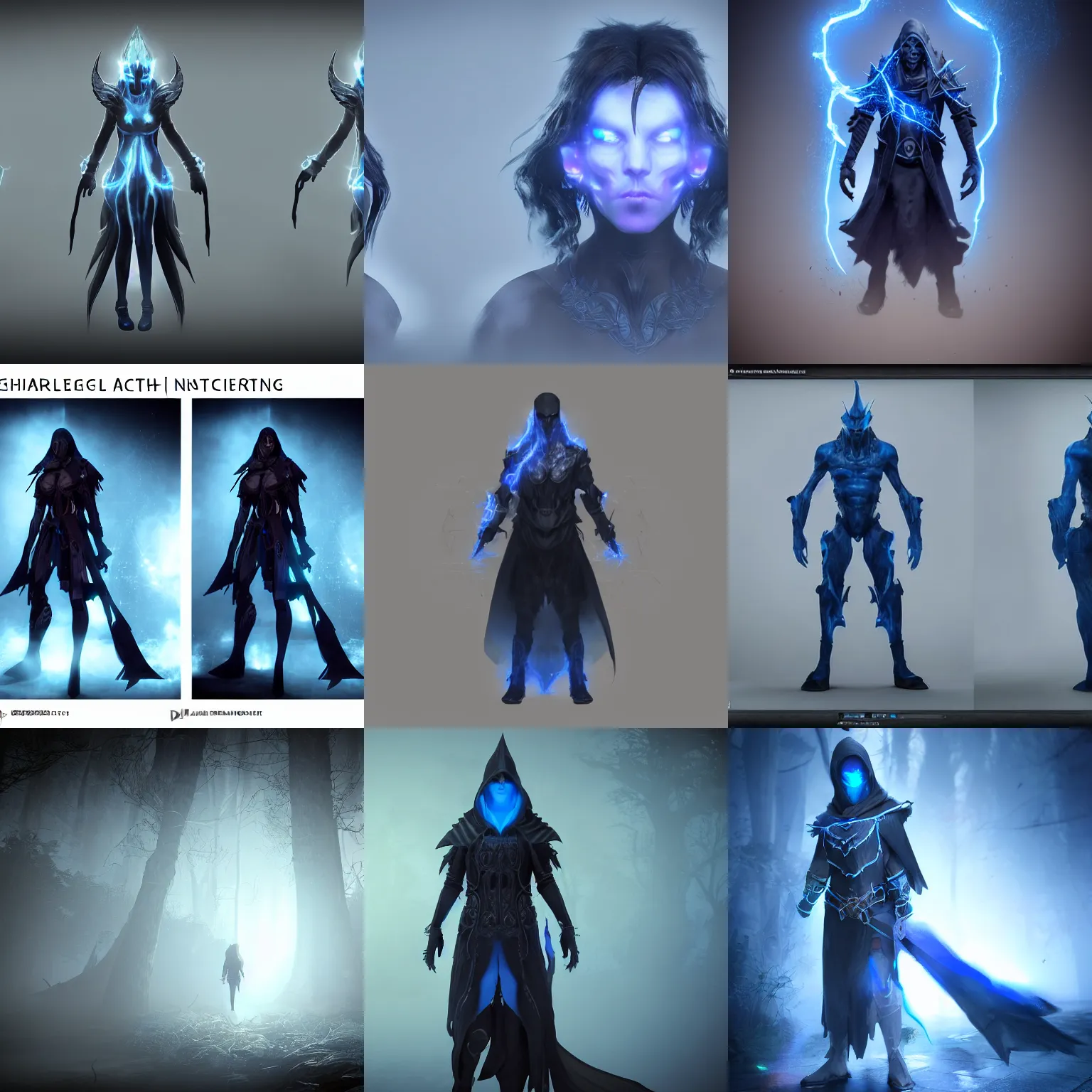 Prompt: character design, dark arcanist, blue lightning, blue mist, fog, scary, photorealistic, unreal engine