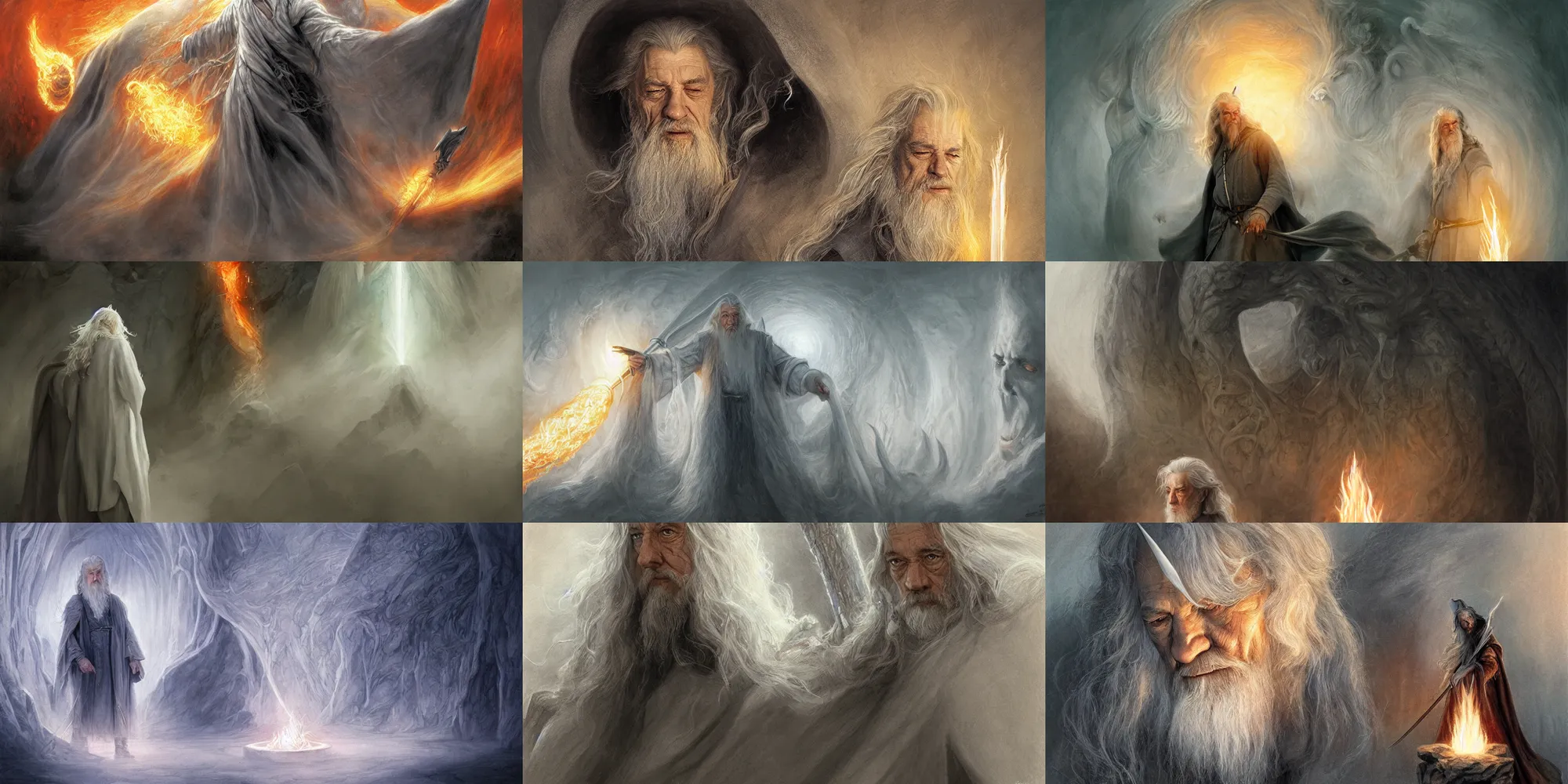 Prompt: gandalf distant inside a white energy shield holding back a back draft of flame by alan lee, intricate, detailed, wide angle, digital painting, artstation