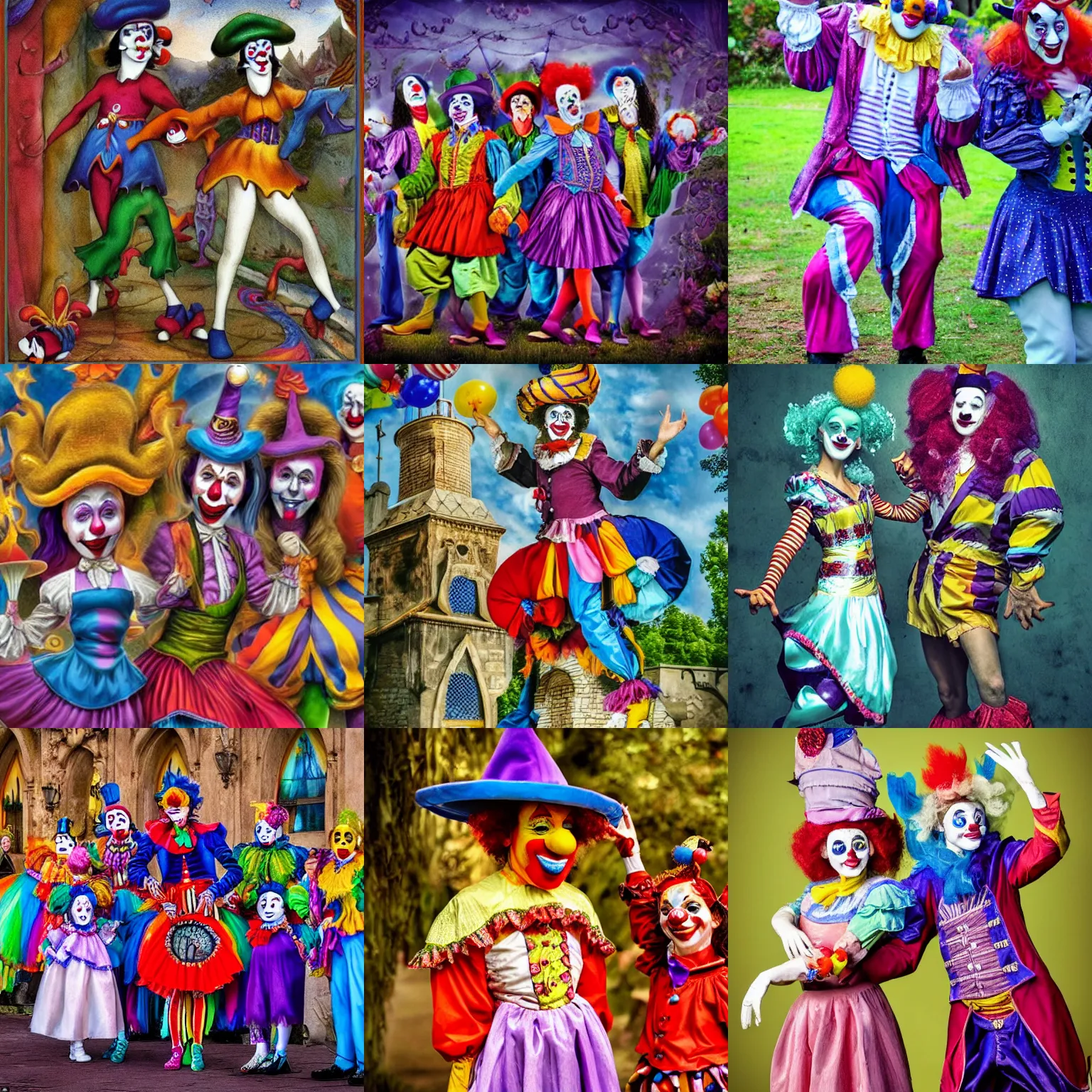 Prompt: Magical beings with the unmistakable appearance and character of clowns or jester
