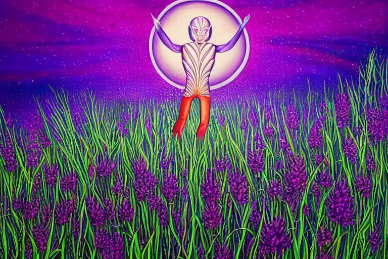 Prompt: a painting of a extraterrestrial alien lost in a meadow, alex grey, tall plants, purple lighting, night sky, glows, moonlight,