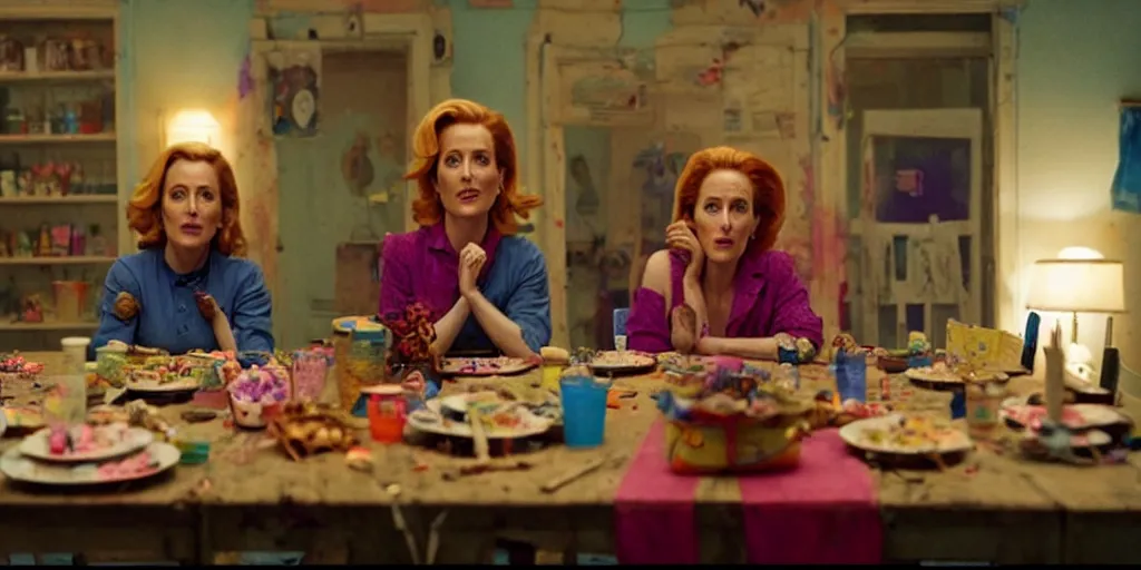 Prompt: a scene from a quirky, bright and cheerful post - apocalyptic movie, starring gillian anderson that fights the dread by decorating the world with kitchy party decorations by director wes andersson and, blue - ray screenshot, filmed by roger deakins