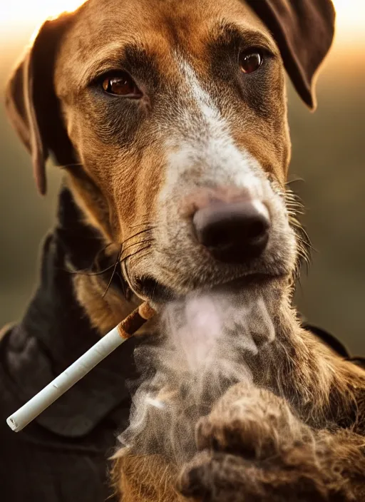 Prompt: closeup portrait of a hunting terrier smoking a cigare, depth of field, zeiss lens, detailed, centered, by Annie Leibovitz and Steve McCurry, David Lazar, Jimmy Nelsson, Breathtaking, 8k resolution, extremely detailed, beautiful, establishing shot, artistic, hyperrealistic, beautiful face, octane render