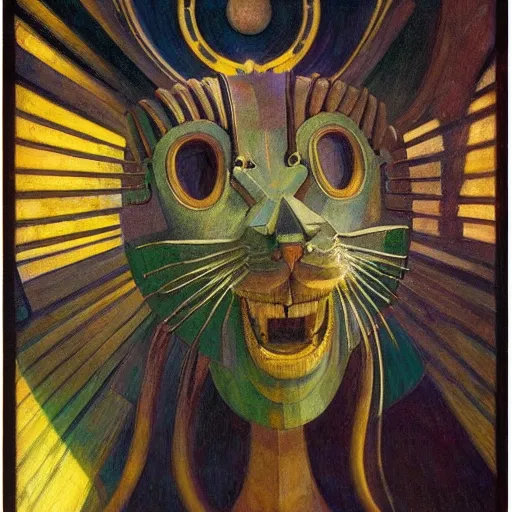 Prompt: masterpiece painting of a robot cat head, by annie swynnerton and diego rivera and nicholas roerich and jean delville, symbolist, dramatic lighting, god rays, elaborate geometric ornament, art brut, rich colors, smooth, sharp focus, extremely detailed, adolf wolfli and ( donato giancola )