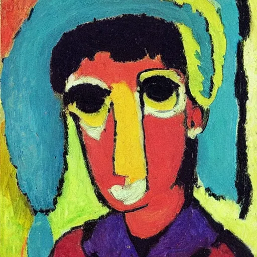 Image similar to painting of a iraqi boy, in a jungle, by alexej von jawlensky