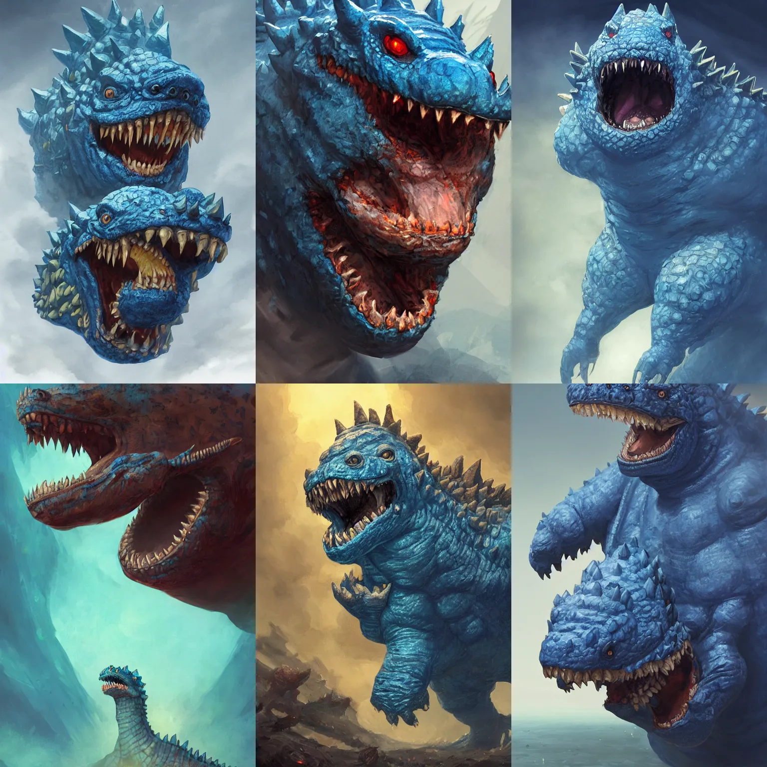 Prompt: portrait of a gibbering tiny fat blue godzilla with huge mouth on his entire back, horrific backmouth, highly detailed, digital painting, artstation, concept art, smooth, sharp focus, illustration, art by wlop, mars ravelo and greg rutkowski