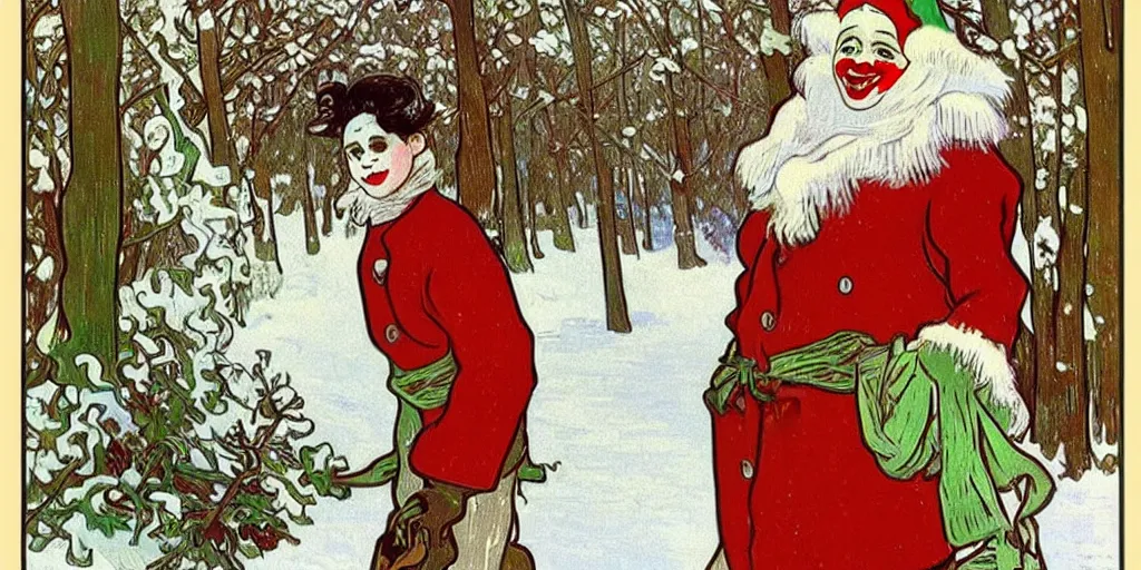 Prompt: sledding christmas pepes the handsome delicate beautiful male clown wearing stylish modest! clown clothes and sledding in the snow in winter, masculine high fashion, elegant, clear, painting, stylized, delicate, soft facial features, delicate facial features, art by alphonse mucha, vincent van gogh