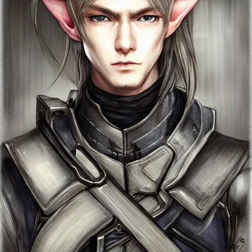 Image similar to portrait of an elf by ayami kojima, he is about 2 0 years old, androgenic, long white hair, slender and tall, smirk, he is wearing a modern tactical gear, scifi, highly detailed portrait, digital painting, artstation, concept art, smooth, sharp foccus ilustration, artstation hq