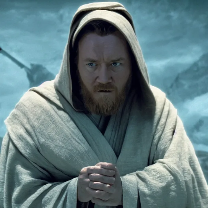 Image similar to obi wan kenobi but obese, photoralistic rendering, movie still, screenshot, hyperdetailed