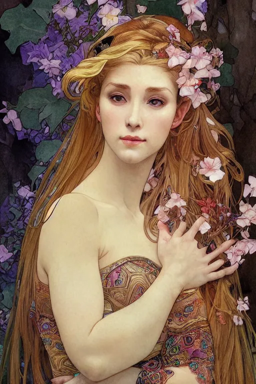 Image similar to beautiful female elf royalty, digital art, 8k, character, realistic, portrait, photorealism, japan watercolour, masterpiece art, alphonse mucha