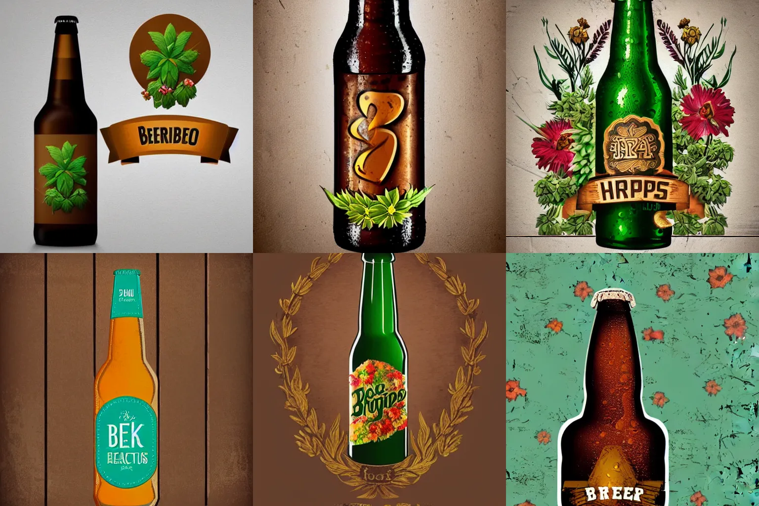 Prompt: A beautiful rustic vector logo design of a beer bottle with hops and flowers trending on artstation, 8k HD wallpaper digital art