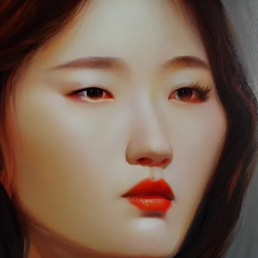 Image similar to perfect, realistic oil painting of close-up japanese girl face, in Marvel and DC style, by an American professional senior artist, Hollywood concept, dynamic composition and motion, postproduction.