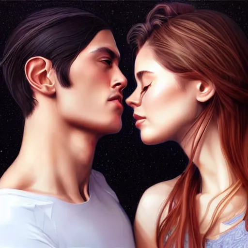 Image similar to perfectly centered symmetrical split male and female portrait of man and woman in love sharing one heart ; art by artgerm, photorealistic, highly detailed ; trending on artstation