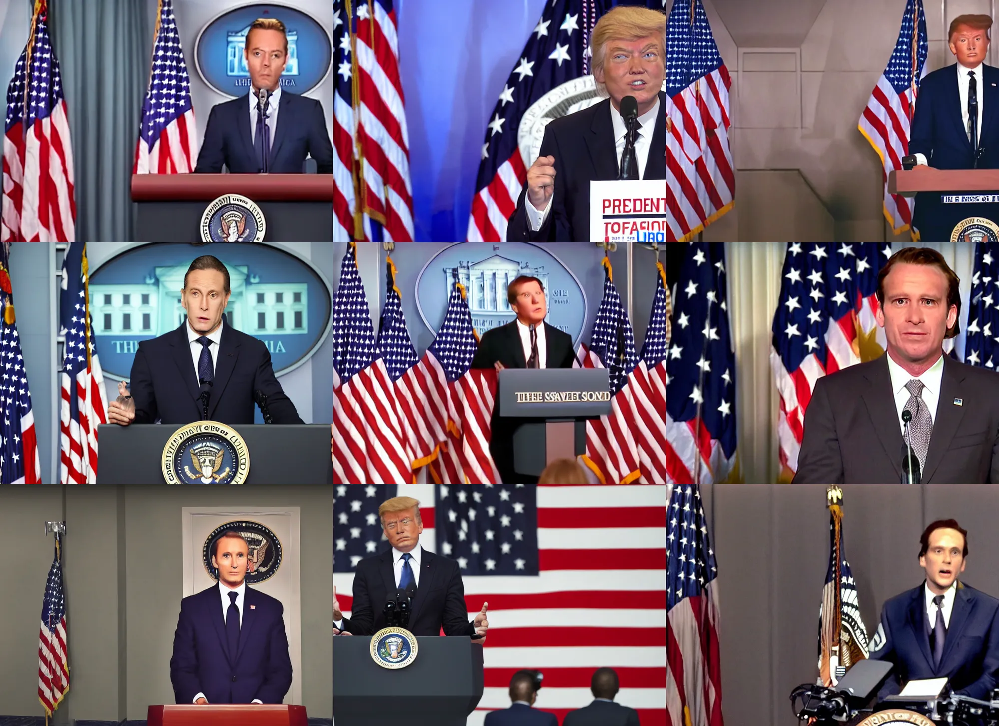 Prompt: cinematic film still of a alien in a suit giving a press conference behind the presidential podium, usa