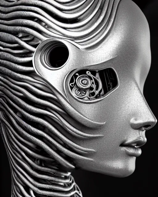 Image similar to mythical black and white organic bio-mechanical spinal ribbed profile face portrait detail of silver mechanical beautiful female angelic-vegetal-cyborg, highly detailed, intricate steampunk ornate, poetic, 3D render, digital art, octane render, 8K artistic photography, photo-realistic, by Dora Maar