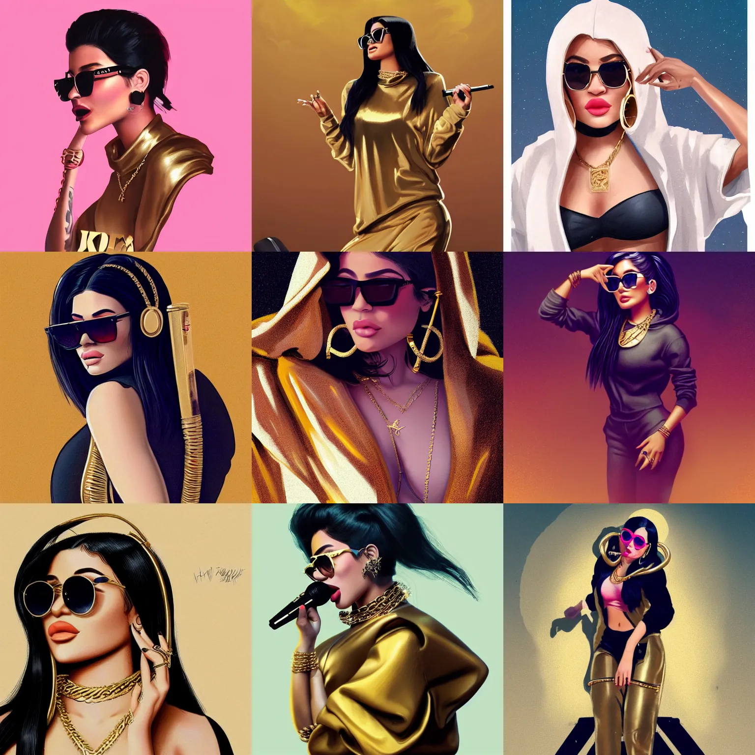 Prompt: Kylie Jenner singing into mic full body wearing designer hoodie as doja cat as cardi b wearing gold chain and sunglasses and gold hoop earrings by greg rutkowski by artgem trending on artstation hero concept art