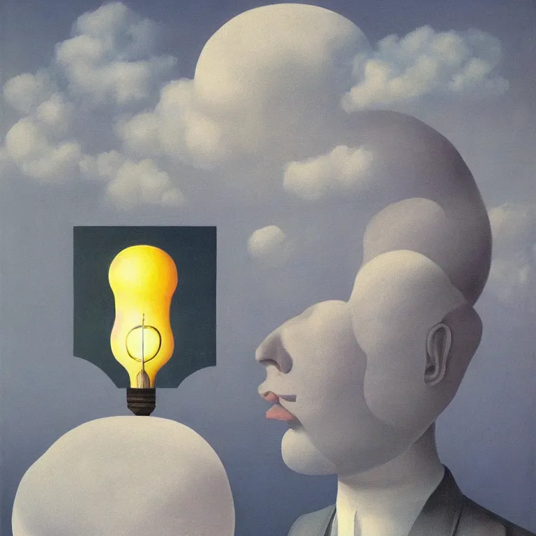 Prompt: portrait of a lightbulb head man, by rene magritte, detailed painting, hd, hq, high resolution, high detail, 4 k, 8 k