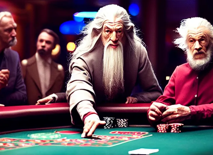 Image similar to film still of gandalf gambling in a casino in new comedy movie, 8 k