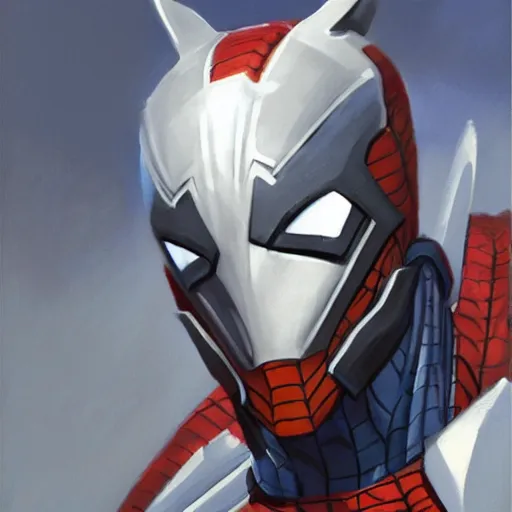 Image similar to greg manchess portrait painting of armored spiderman ultraman grey fox from metal gear cyborg japanese - american hybrid as overwatch character, medium shot, asymmetrical, profile picture, organic painting, sunny day, matte painting, bold shapes, hard edges, street art, trending on artstation, by huang guangjian and ail elvgren and sachin teng