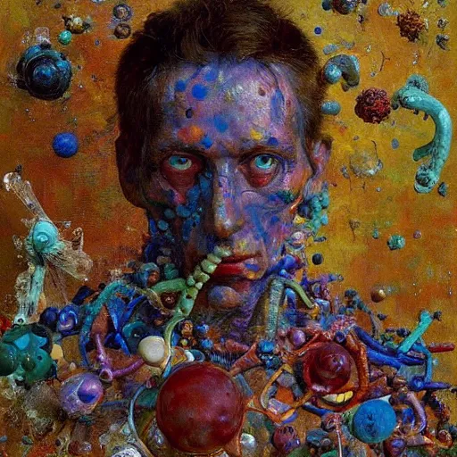 Prompt: a sculpture portrait made of bacteria and virus and molecules and atoms, painting part by wojciech siudmak, part by ilya repin, part by max ernst, part by norman rockwell, artstation