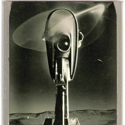 Prompt: old polaroid depicting an metallic alien probe, at a clearing
