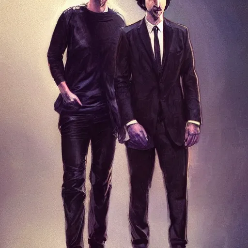 Prompt: painting of both john oliver and adam driver together, john oliver in front, full body, elegant, beautiful, highly detailed, centered, dark, smokey, digital painting, concept art, smooth, sharp focus, illustration, deviant art, art by artgerm, art by greg rutkowski, art by alphonse mucha