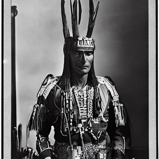 Prompt: portrait of Iroquois warrior standing in front of a space ship command center with windows, cockpits with comoles futuristic machinery, space ship interrior in alien nostromo style, ornaments and tribal decorations on robes, black and white old photo, vintage