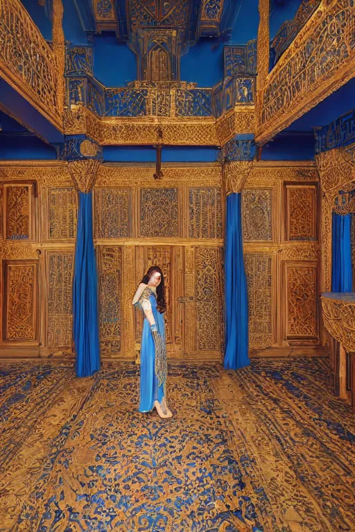 Image similar to a photo of a beautiful young Persian princess wearing a traditional blue dress, standing in a large empty hall, lit from above with vaulted ceilings and high windows. Photorealistic. Golden Hour. Long Shadows. Thick Atmosphere. Hyperreal. Hypermaximalist. Ornate. Intricate. Highly Detailed.