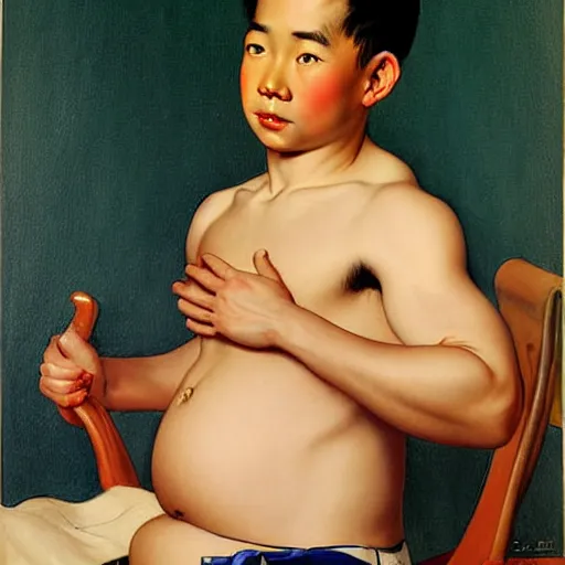 Prompt: Beautiful painting of a masculine young Asian male, pregnancy, round belly, pinup poster by J.C Leyendecker and Norman Rockwell