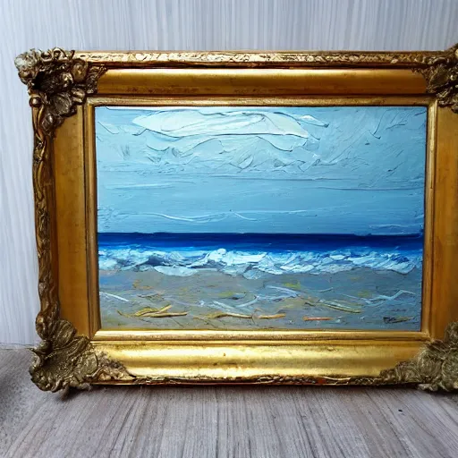 Image similar to thick impasto textured painting of a ocean landscape with beach and shore birds with a storm in the distance