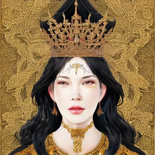 Image similar to a beautiful black haired woman with pale skin and a crown on her head sitted on an intricate metal throne, flower decoration on the background, beautiful illustration, atmosphere, top lighting, perfect composition, smooth, highly detailed, art by so - bin and yuhong ding and chengwei pan,