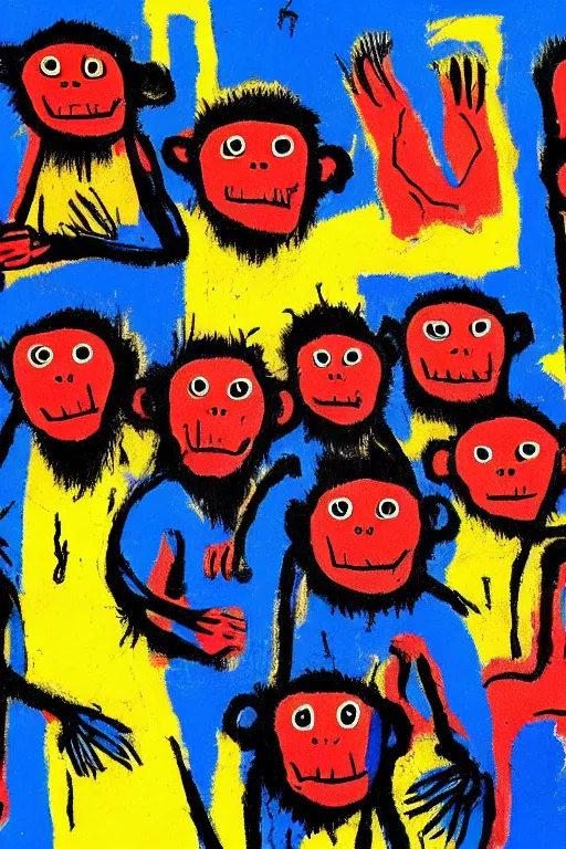 Image similar to an illustration of monkeys killing children in the style of basquiat by margaret wise brown, blue and black