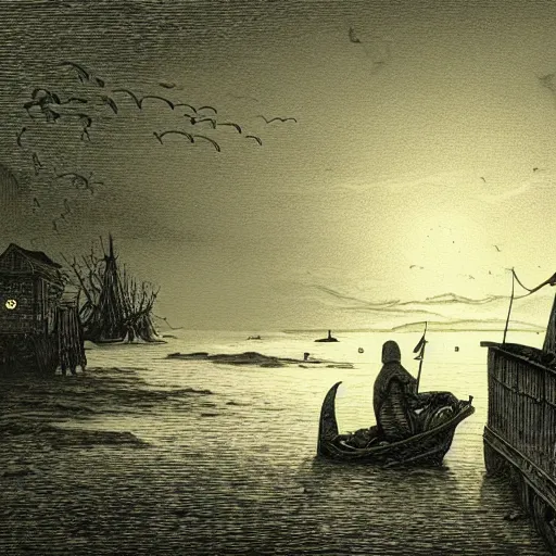 Image similar to Innsmouth by H.P. Lovecraft, fishing town, scenic image, dramatic lighting, drawing, illustration by Gustav Doré