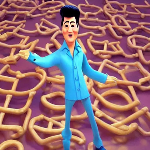 Image similar to elvis presley with legs made from pretzels!!!!, pixar character, stage background, pixar, 3 d,