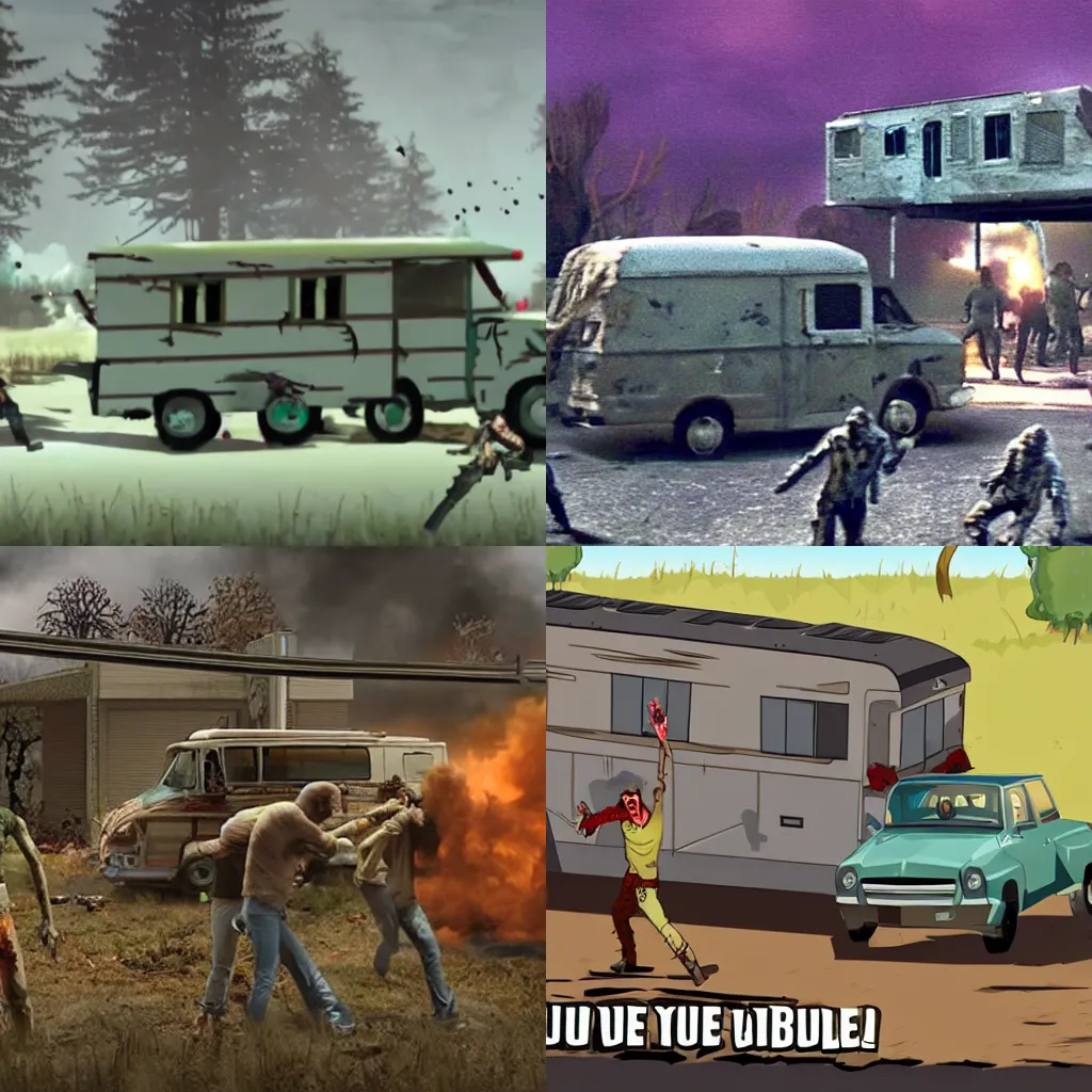 Prompt: movie screenshot showing zombies attacking a fortified RV.