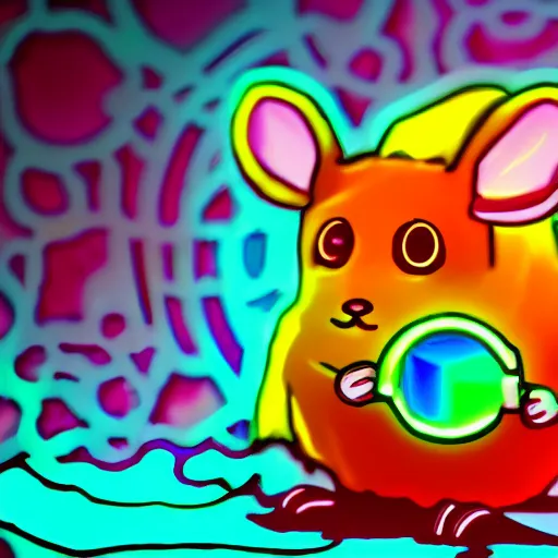 Image similar to cyberpunk hamster holding rainbow gem! crystal, neon lights, light reflection, 8 k, hd