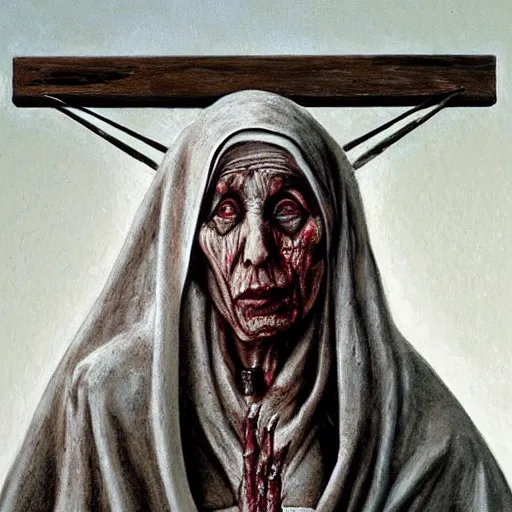 Prompt: a hyperrealistic painting of mother theresa as a zombie at jesus'crucifixion, by santiago caruso, highly detailed, sharp focus,