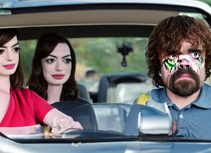 Image similar to peter dinklage and anne hathaway driving a little tikes cozy coupe, movie still, from the new fast 5, 8 k, realistic