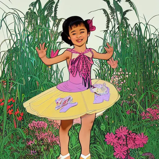 Image similar to a mixed race hapa five - year - old girl, dressed as a ballerina, performing at the washington dc botanical gardens, smiling into the camera, portrait, wide shot, midday light, bright colors, illustration, pop art, splash painting, art by geof darrow, ashley wood, alphonse mucha