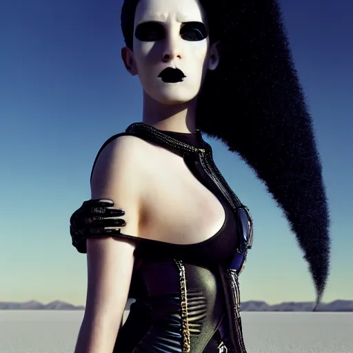 Prompt: photographic portrait of a stunningly beautiful goth cyberpunk renaissance female in strong sunshine on a salt flat, contemporary fashion shoot, by edward robert hughes, annie leibovitz and steve mccurry, david lazar, jimmy nelsson, breathtaking, 8 k resolution, extremely detailed, beautiful, establishing shot, artistic, hyperrealistic, beautiful face, octane render