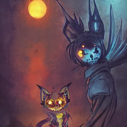 Prompt: an anime about a fox animal with exposed flaming skull face nongraphic, 9 peacock tails, magical mage robes and walking through an empty street alone at night, halloween decorations, wonder, anime, furry, side profile, peaceful, vhs, art by yuji ikehata
