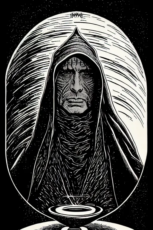 Prompt: wizard in a hooded cloak gazing into a crystal ball, high details, intricately detailed, by vincent di fate, inking, 3 color screen print, masterpiece, trending on artstation,, sharp, details, hyper - detailed, hd, 4 k, 8 k